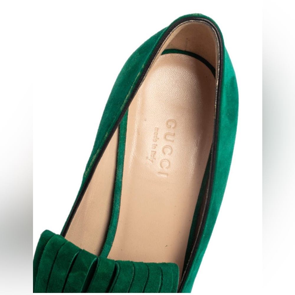 Gucci Green Suede Fringed Block Heel Pumps with Gold Double G - Picture 6 of 11